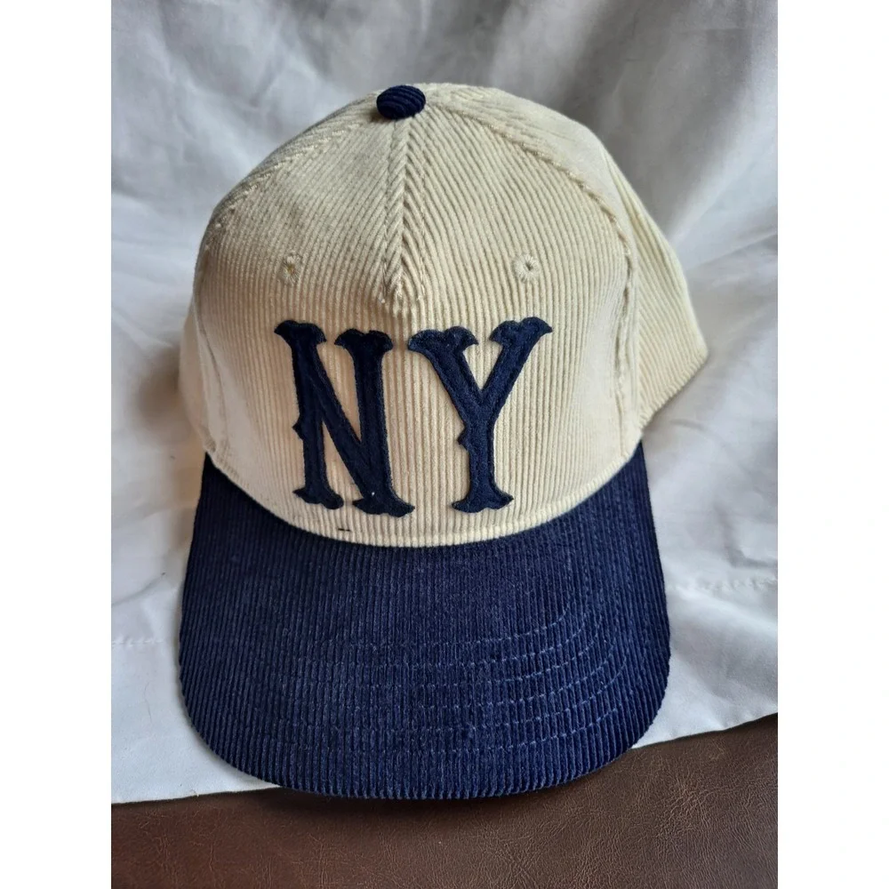 New York NY Corduroy Snapback Hat Cream Navy Adjustable Vintage Style...
